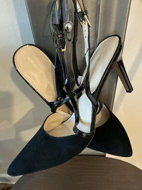 Adrienne Vittadini Black Pointed Toe Patent Velvety Slingback Heels Size 10 NWOT